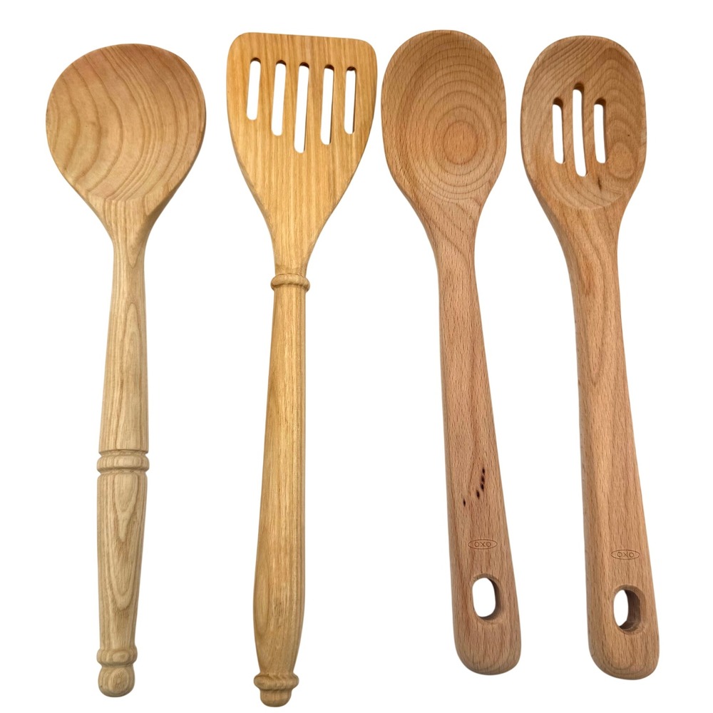 Mixed Set 4 Wooden Kitchen Utensils 2 OXO Beechwood Spoons Turned Handles
